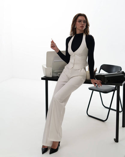 Womens Premium Diagonal Suiting Crepe Vest Halter Neck Button Front