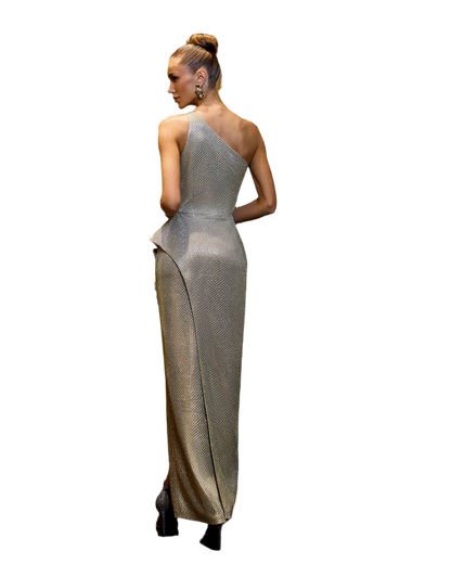 Elegant One Shoulder Midi Dress in Premium Suit Crepe Diagonal Fabric
