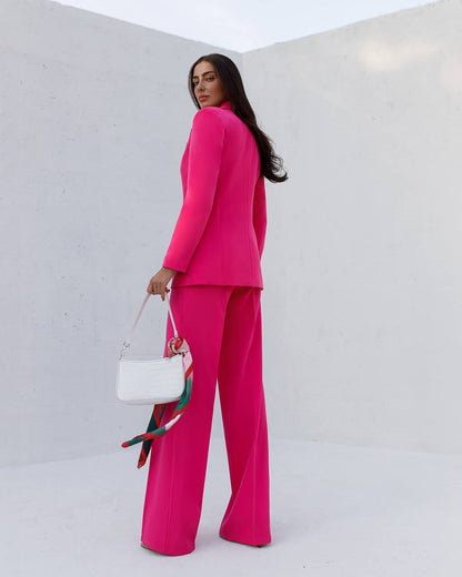 Prom Bridal Wedding Cocktail Graduation Pink Three-Piece Women Suit Jacket Top Trousers Pantsuit Palazzo Pants