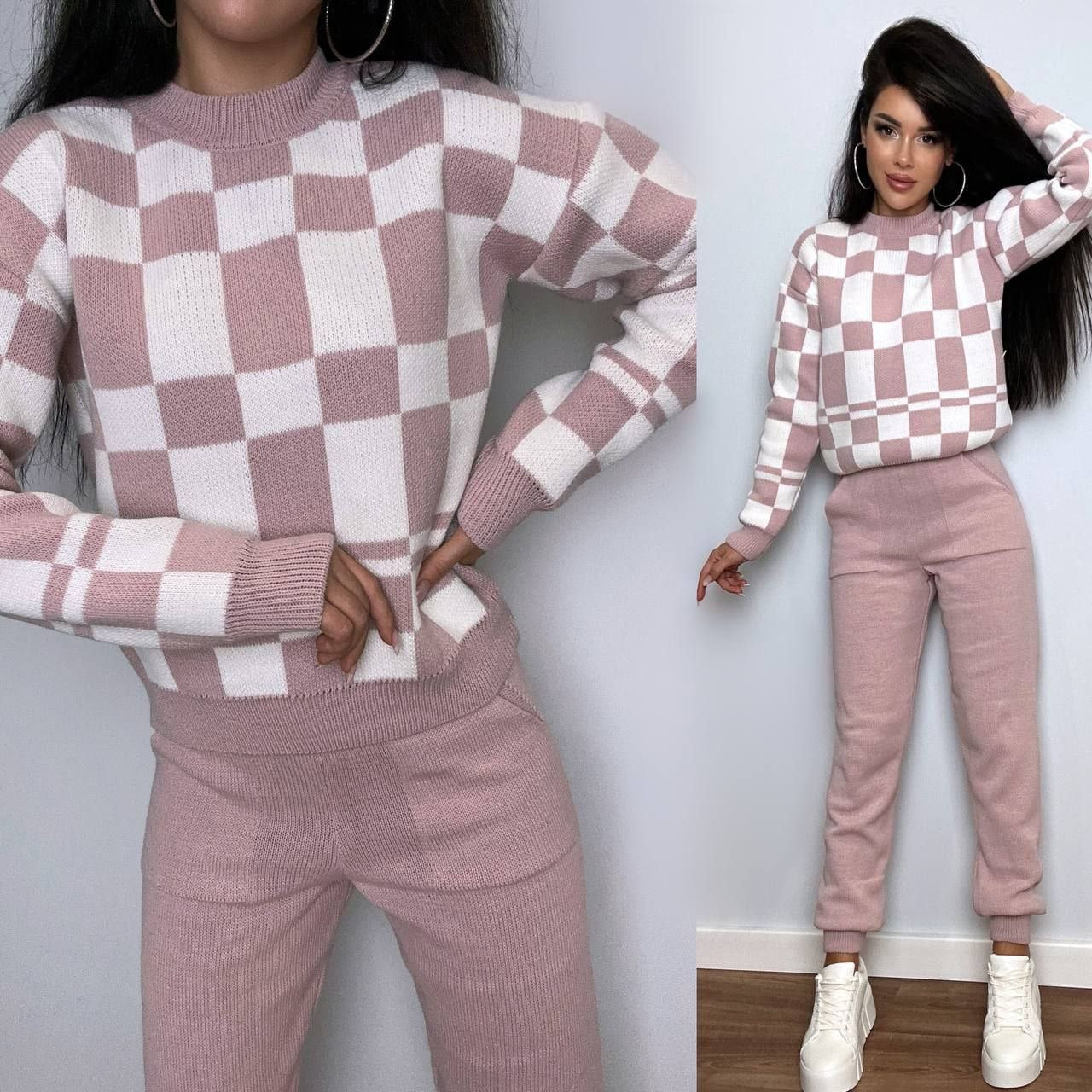 Two images of a person wearing a pink and white checkered sweater and pants set against a plain background.
