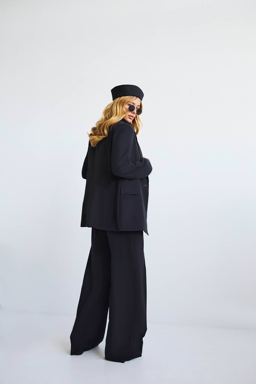 Black Women's Three Piece Suit Diagonal Crepe Lined Vest Jacket Trousers