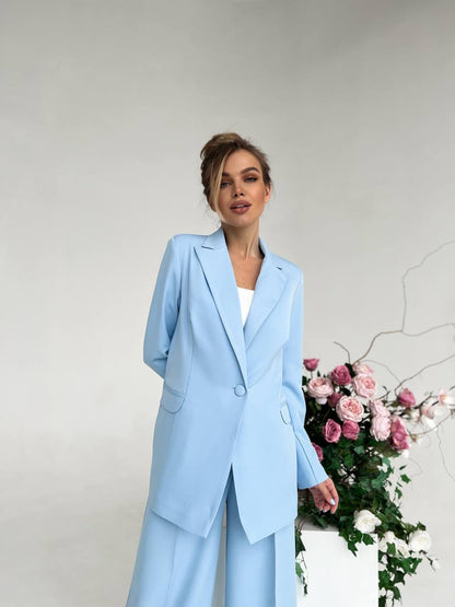 Sky Blue Palazzo Suit Diagonal Crepe Lined Blazer Wide Leg Pants