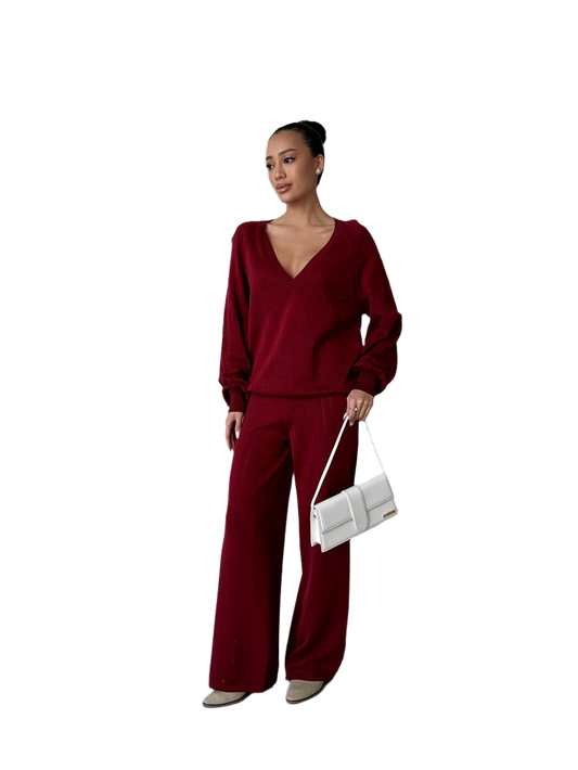 Spring Women's Burgundy Wide-Leg Suit with Drop Sleeve V-Neck Top