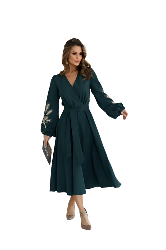 Elegant Dark Green Midi Dress with Embroidered Sleeves