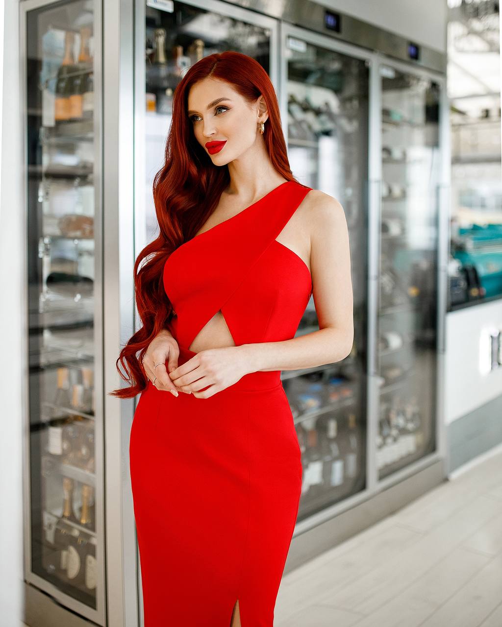 Woman in a red dress standing in front of a refrigerator.