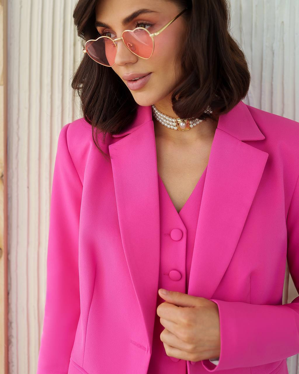 Womens Three Piece Suit with Vest in Vibrant Pink Diagonal Crepe
