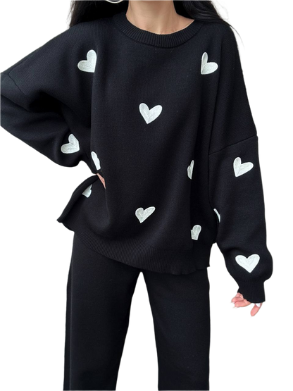 Valeri Women's Black Knit Suit with White Heart Embroidery