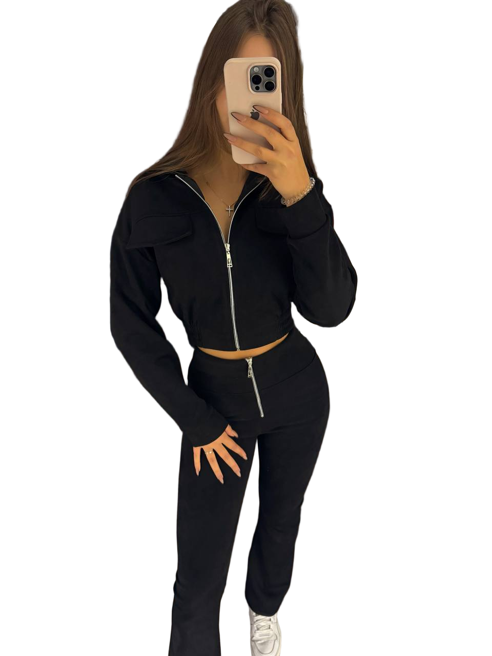 Black Suede Tracksuit Women Flared Pants Cropped Zip Jacket