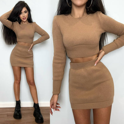 Woman wearing a brown knit two-piece set against a white background