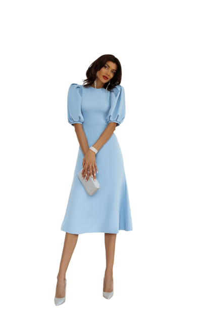 Elegant Light Blue Midi Dress with Puff Sleeves