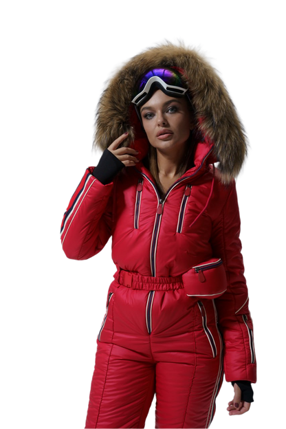Person wearing a red ski suit with a fur-lined hood on a white background