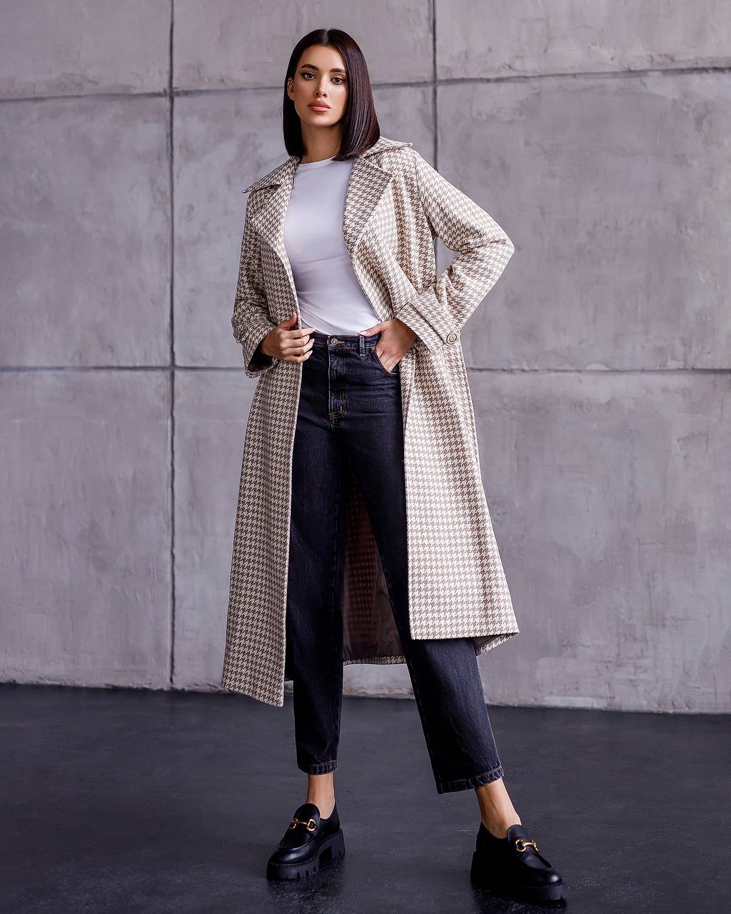 Womens Turkish Fabric Houndstooth Pattern Long Coat with Belt