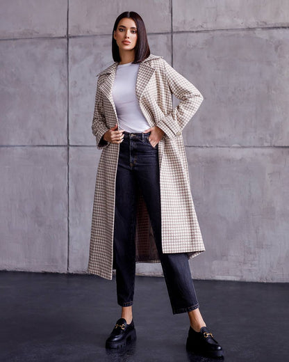 Womens Turkish Fabric Houndstooth Pattern Long Coat with Belt