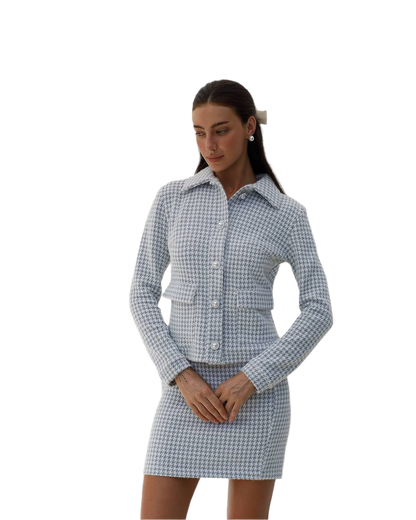 Womens Houndstooth Suit Jacket and Skirt Set in Silver