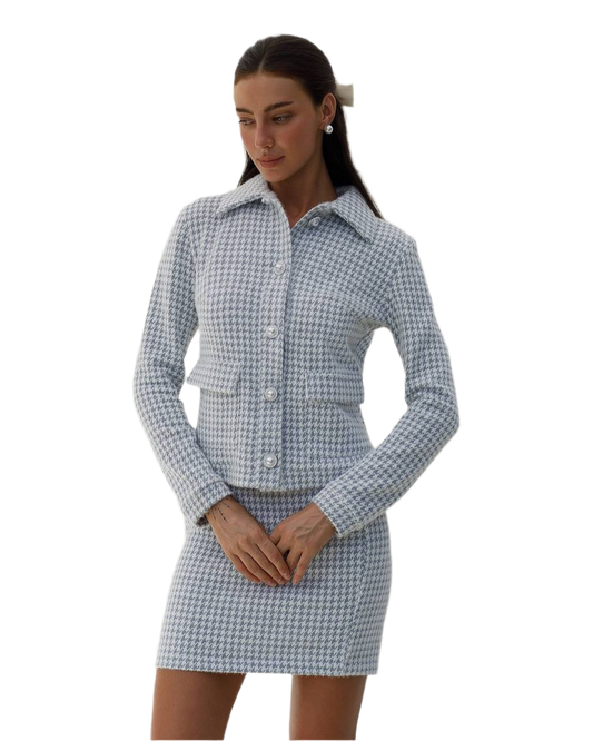 Womens Houndstooth Suit Jacket and Skirt Set in Silver