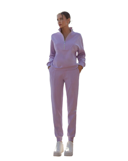 Women Lavender Lacoste Knit Suit with Zipper Sweatshirt and Pants