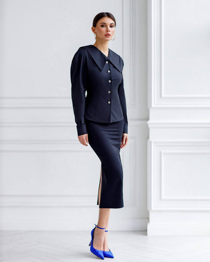 Elegant Dress Shirt in Black with Unique Collar and Long Sleeves