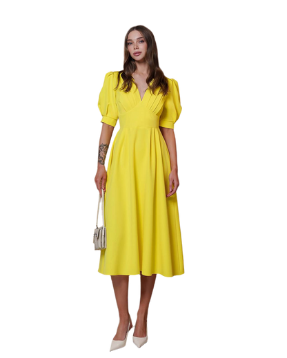 Elegant Yellow Midi Dress Women Premium Crepe Fabric