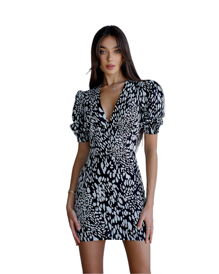 Printed Linen Mini Dress with Black and White Leopard Print