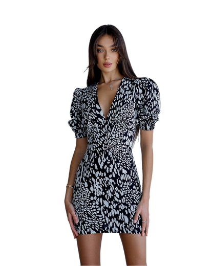 Printed Linen Mini Dress with Black and White Leopard Print