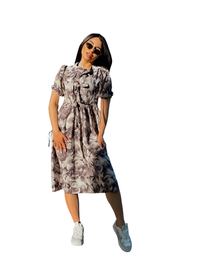 Lightweight Floral Print Summer Dress with Puff Sleeves