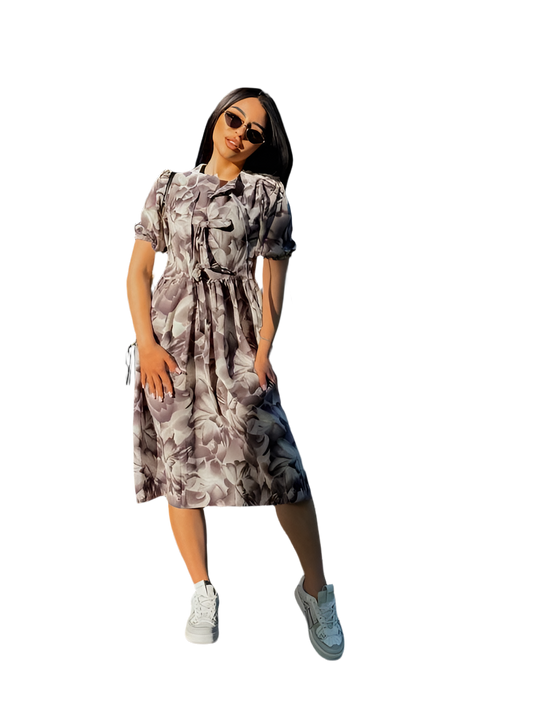 Lightweight Floral Print Summer Dress with Puff Sleeves