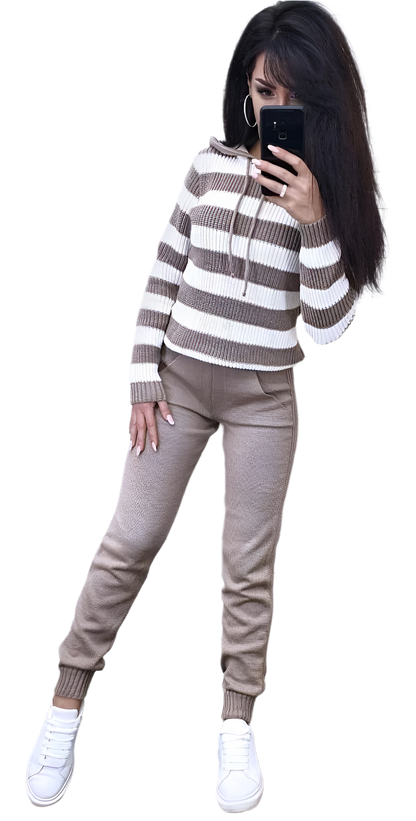 Warm Women Knit Suit with Hoodie and Joggers in Cappuccino and Neutrals