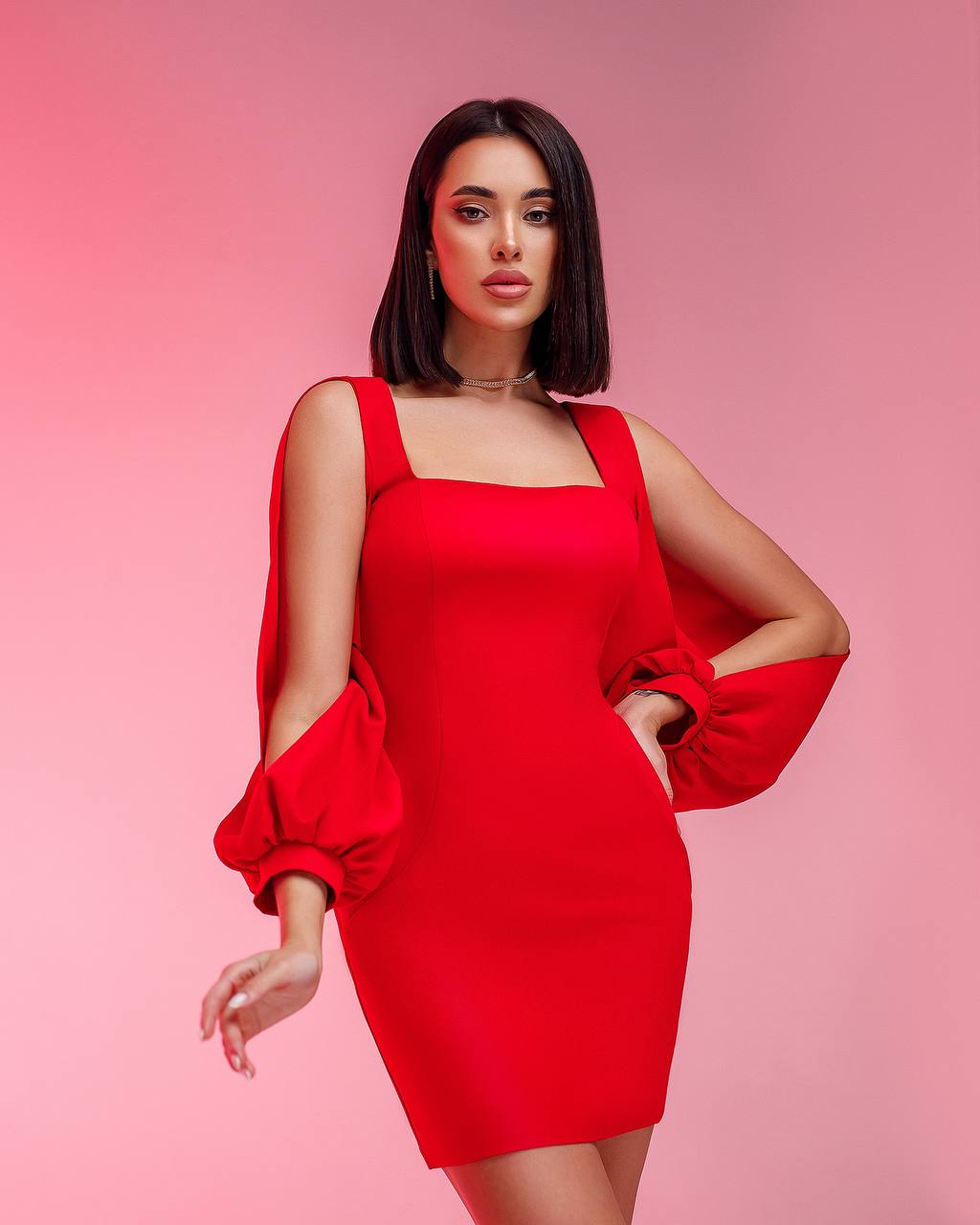 Elegant Red Mini Dress with Balloon Sleeves for Women