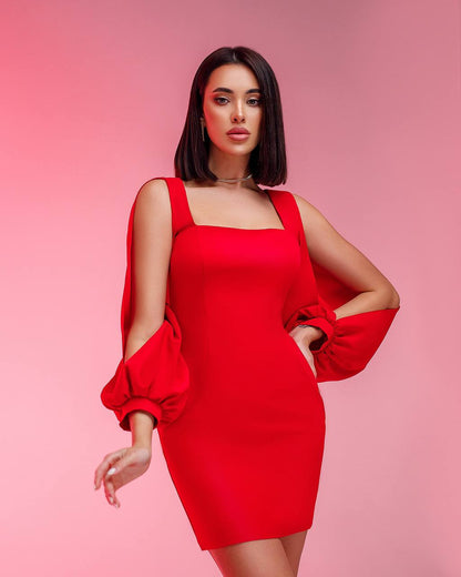 Elegant Red Mini Dress with Balloon Sleeves for Women