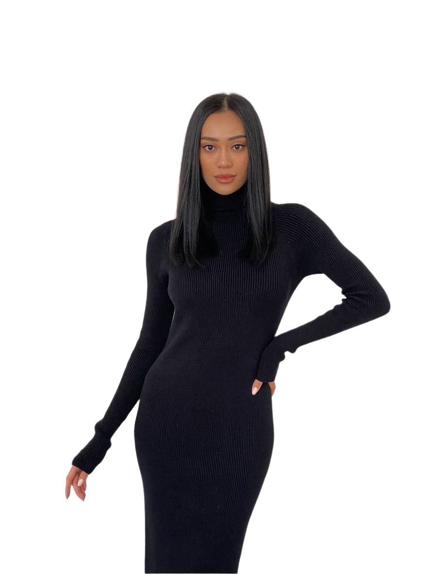 Woman wearing a black ribbed dress on a white background