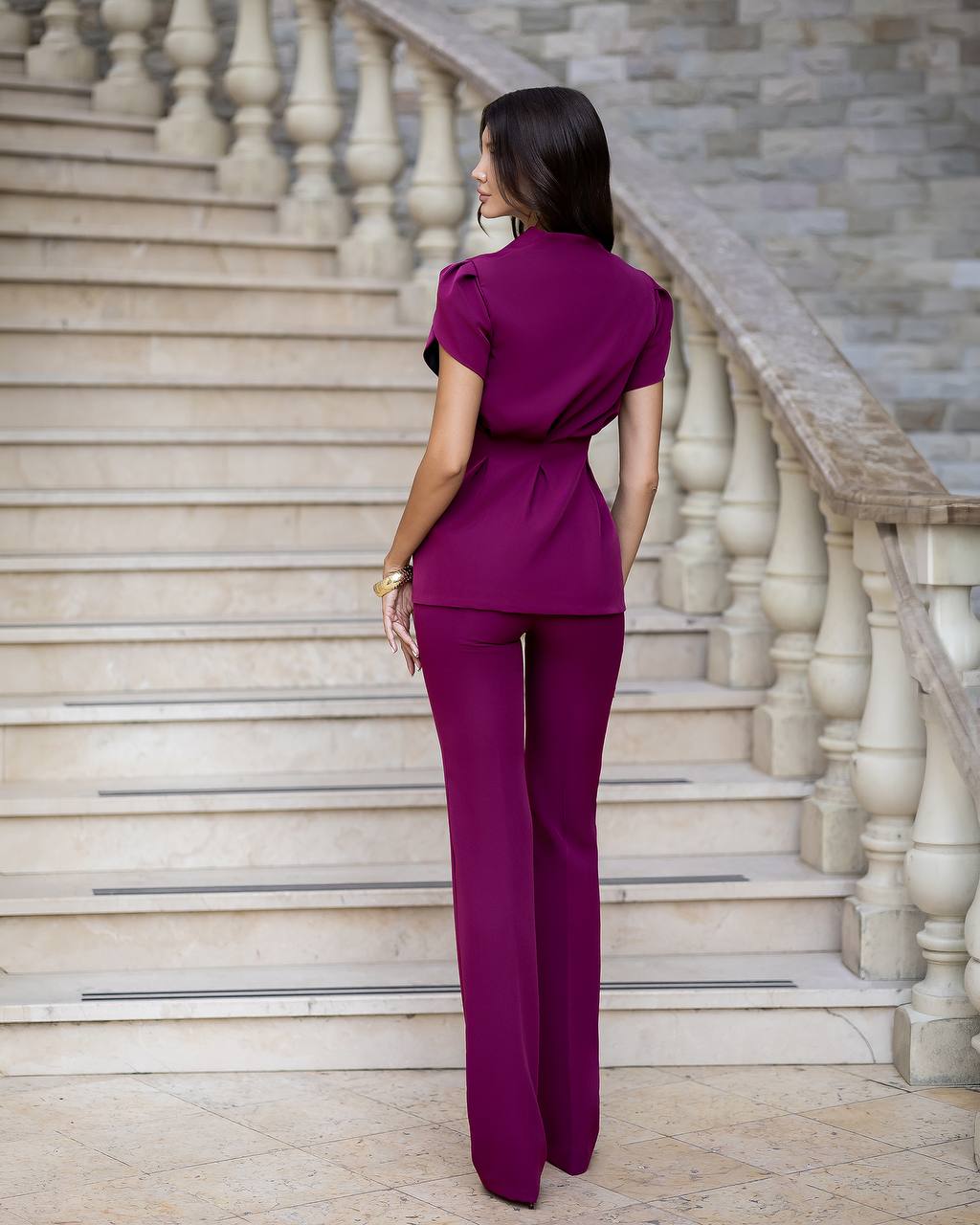 Womens Tailored Crepe Suit with Short Sleeve Jacket and Straight Leg Trousers