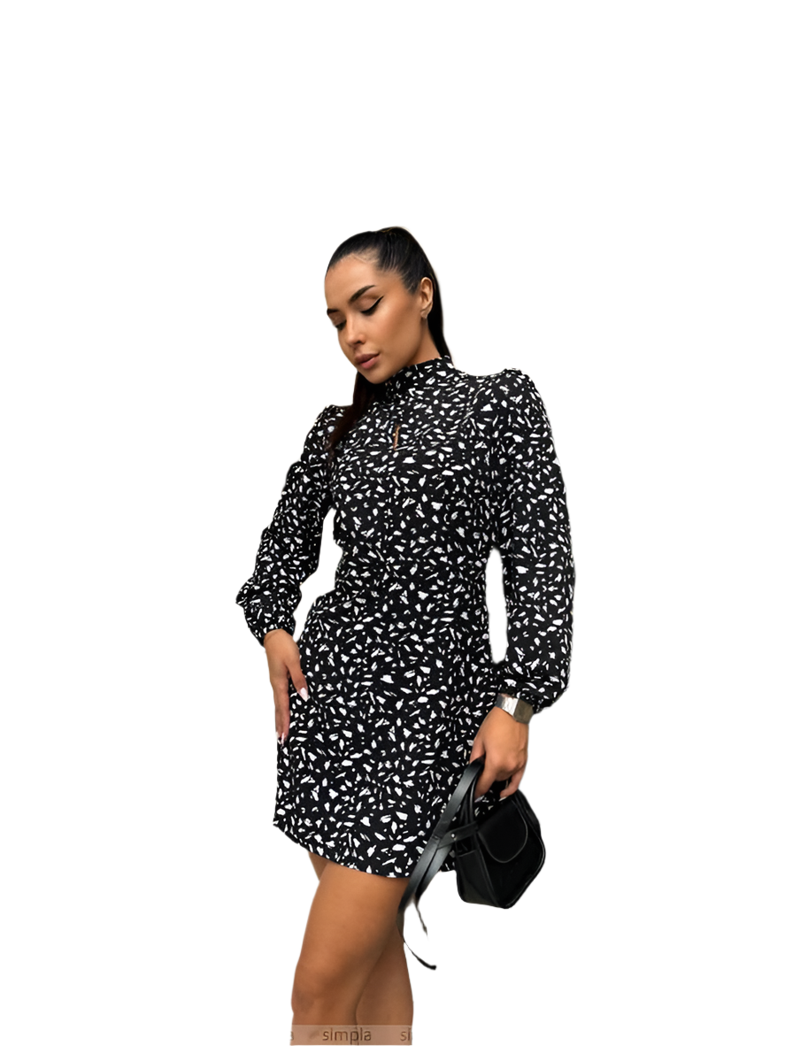 Stylish Black Mini Dress with White Leaf Pattern and Keyhole Detail