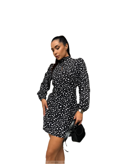 Stylish Black Mini Dress with White Leaf Pattern and Keyhole Detail