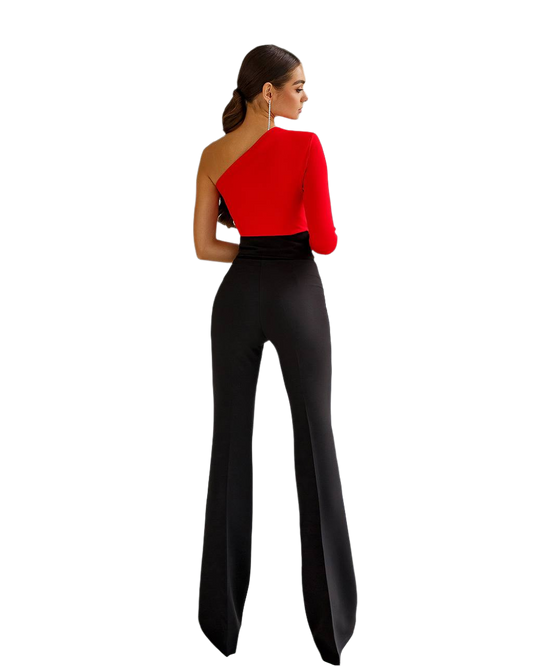 Woman wearing a red one-shoulder top and black pants on a white background