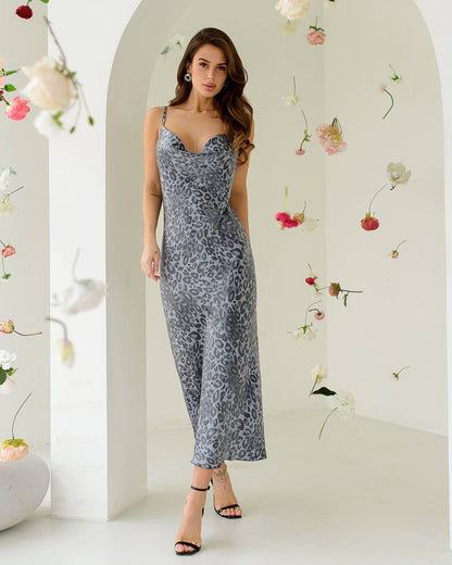 Elegant Satin Viscose Crystal Slip Dress in Leo Gray