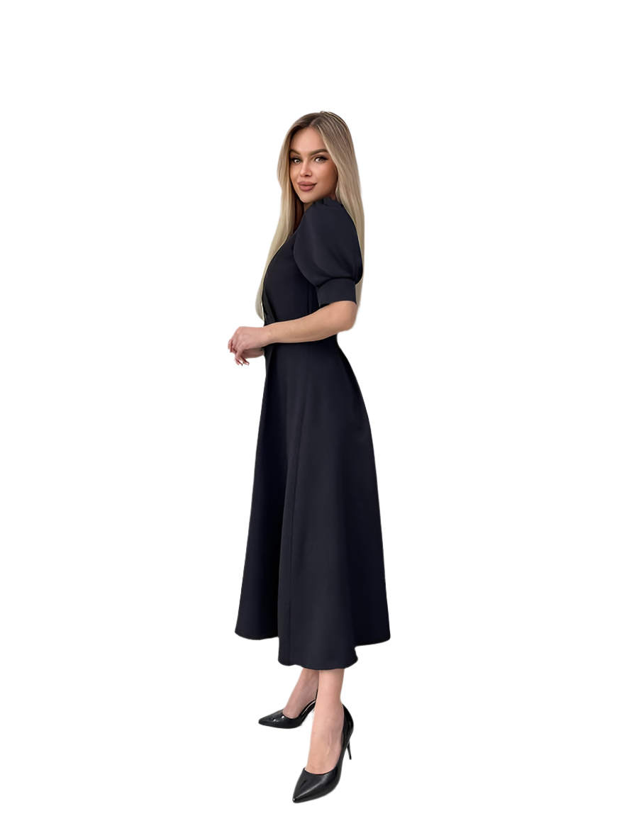 Woman wearing a black dress on a white background