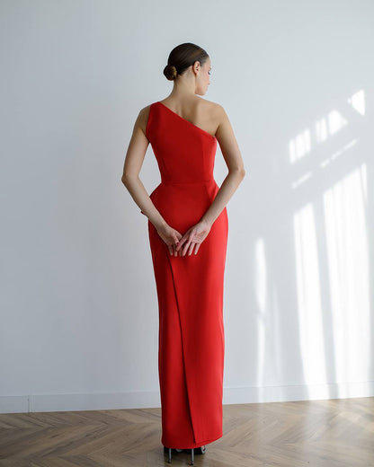 One Shoulder Red Midi Dress with Side Slit