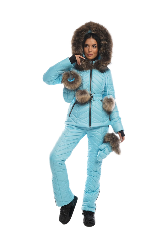 Womens Winter Warm Ski Snowboarding Suit Jacket and Pants with Fur Hood and Gloves Light Blue
