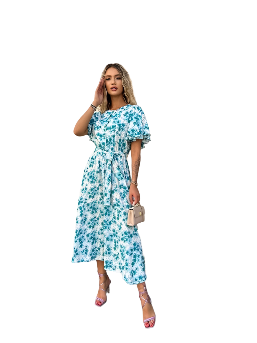 Floral Print Midi Dress with Waist Tie and Flutter Sleeves