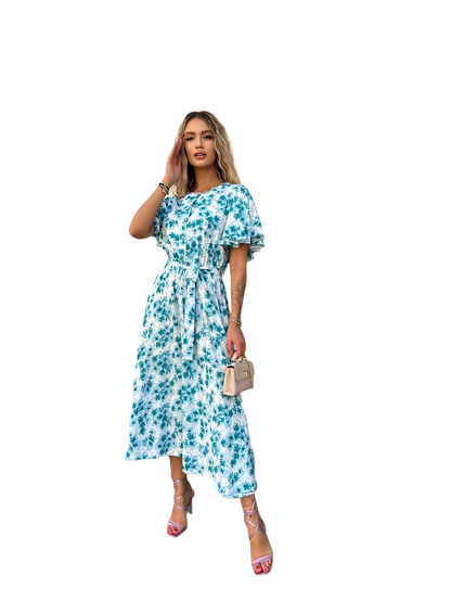 Floral Print Midi Dress with Waist Tie and Flutter Sleeves