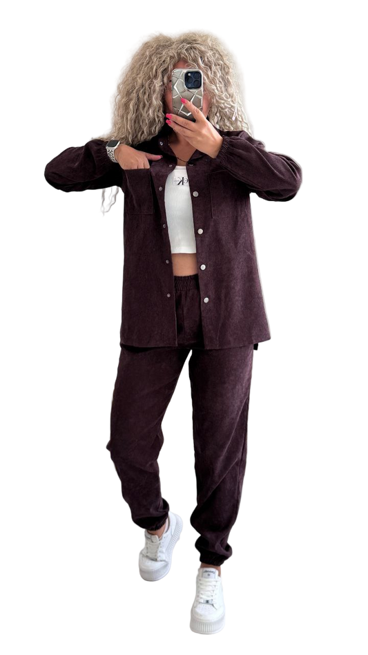 Stylish Corduroy Two-Piece Costume in Dark Brown