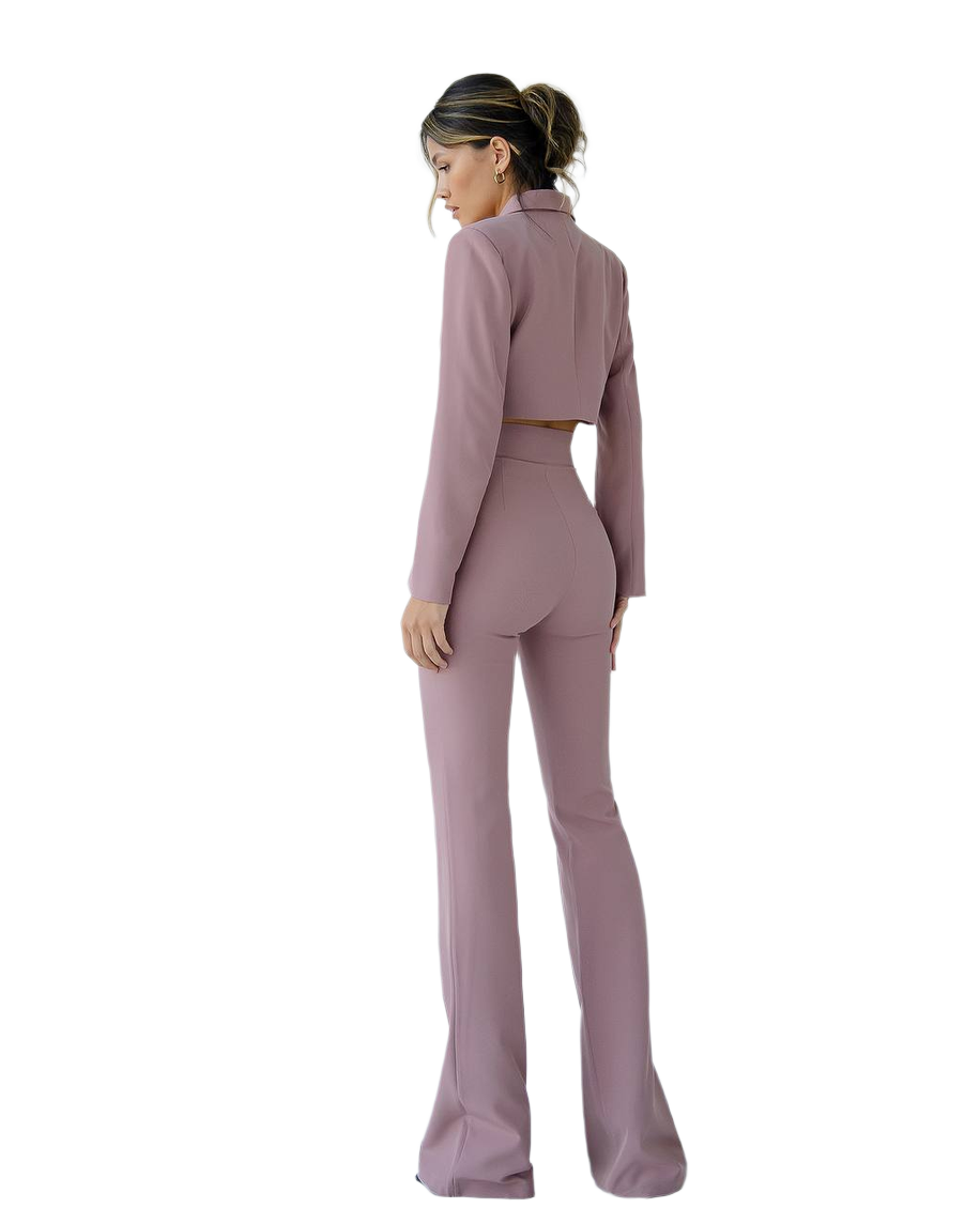 Woman wearing a mauve suit on a white background
