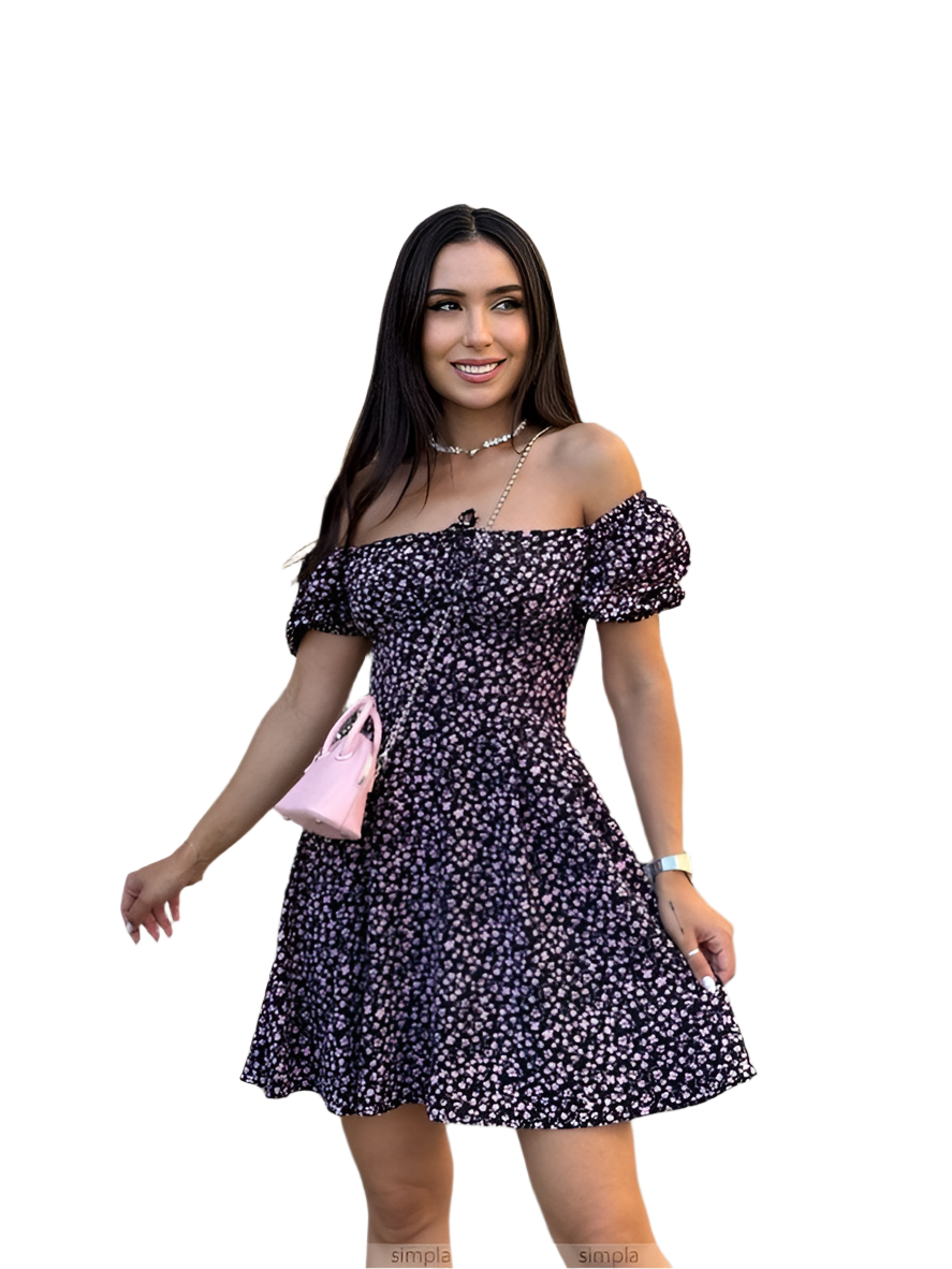 Off-Shoulder Floral Mini Dress with Adjustable Waist and Elastic Sleeves