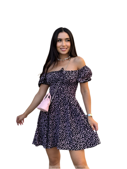 Off-Shoulder Floral Mini Dress with Adjustable Waist and Elastic Sleeves