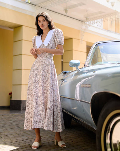 Elegant Printed Dress with Puff Sleeves and Wide Collar