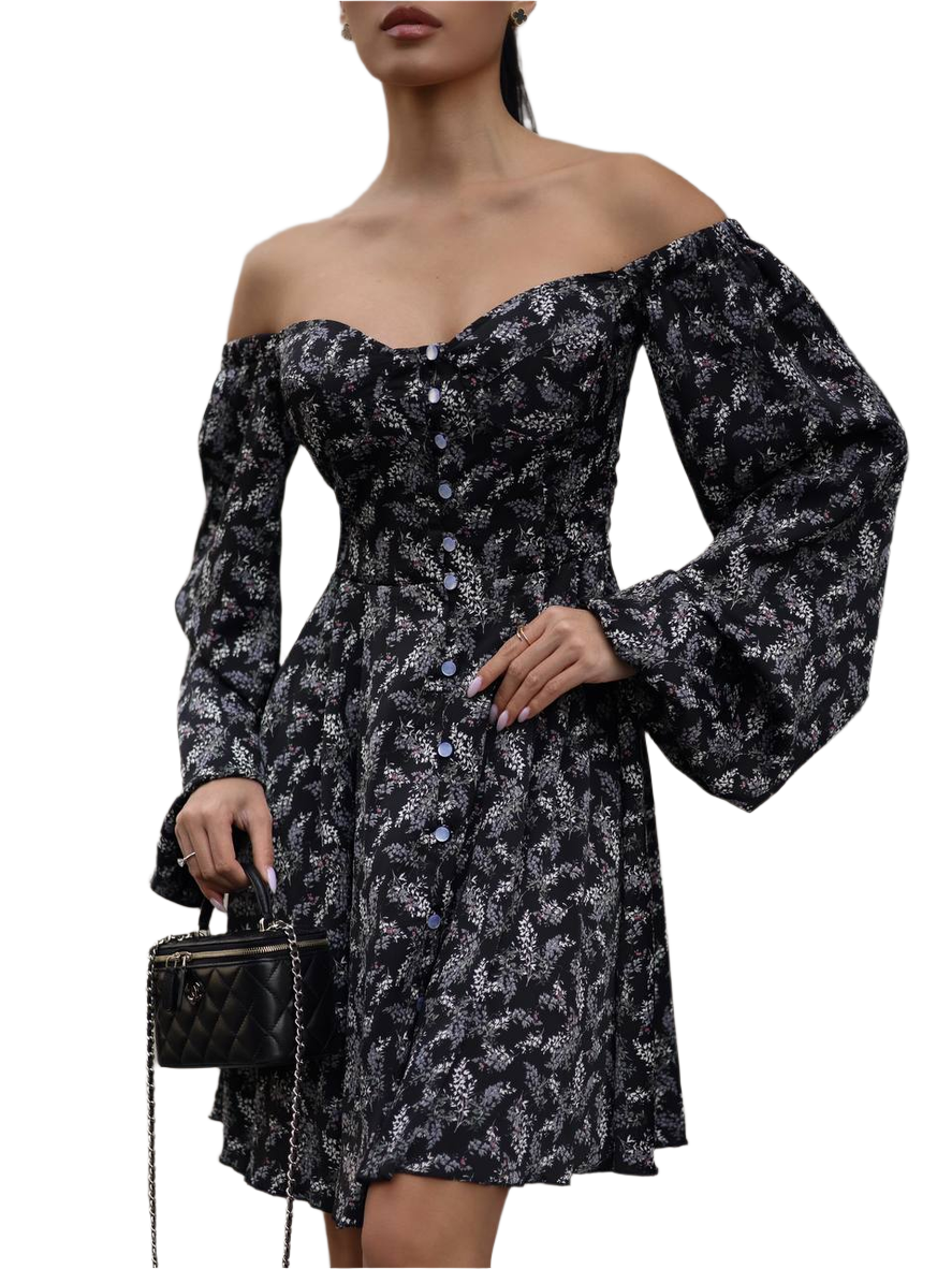 Silk Off Shoulder Dress with Button Placket and Balloon Sleeves