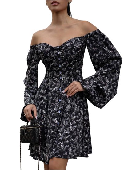 Silk Off Shoulder Dress with Button Placket and Balloon Sleeves