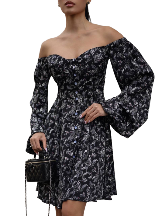 Silk Off Shoulder Dress with Button Placket and Balloon Sleeves