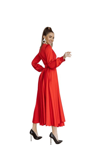 Woman wearing a red dress on a white background