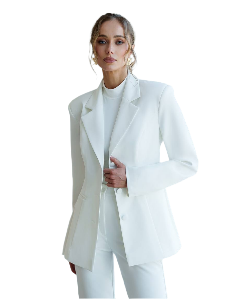 Woman wearing a white suit on a white background